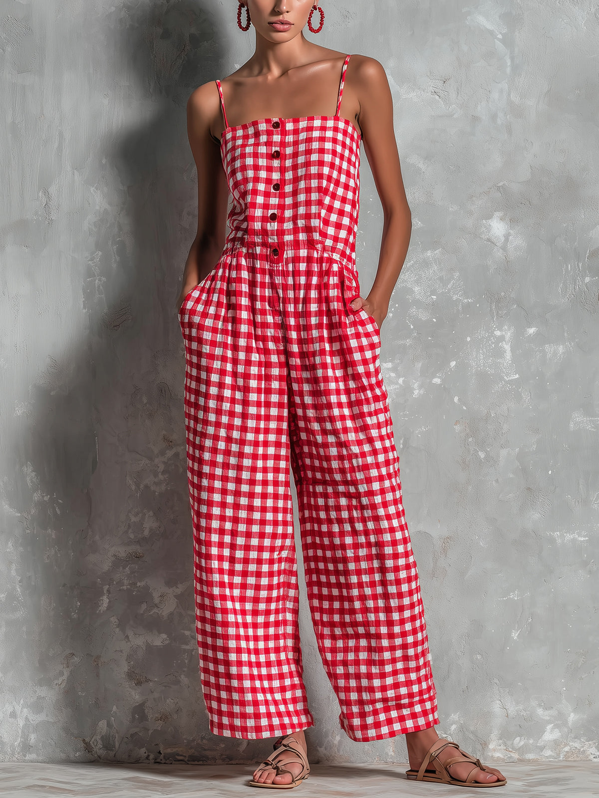 Chic Casual Red-White Plaids Cotton-Linen Blend Spaghetti-Strap Square-Neck Sleeveless Button-Front Loose-Fit Jumpsuit