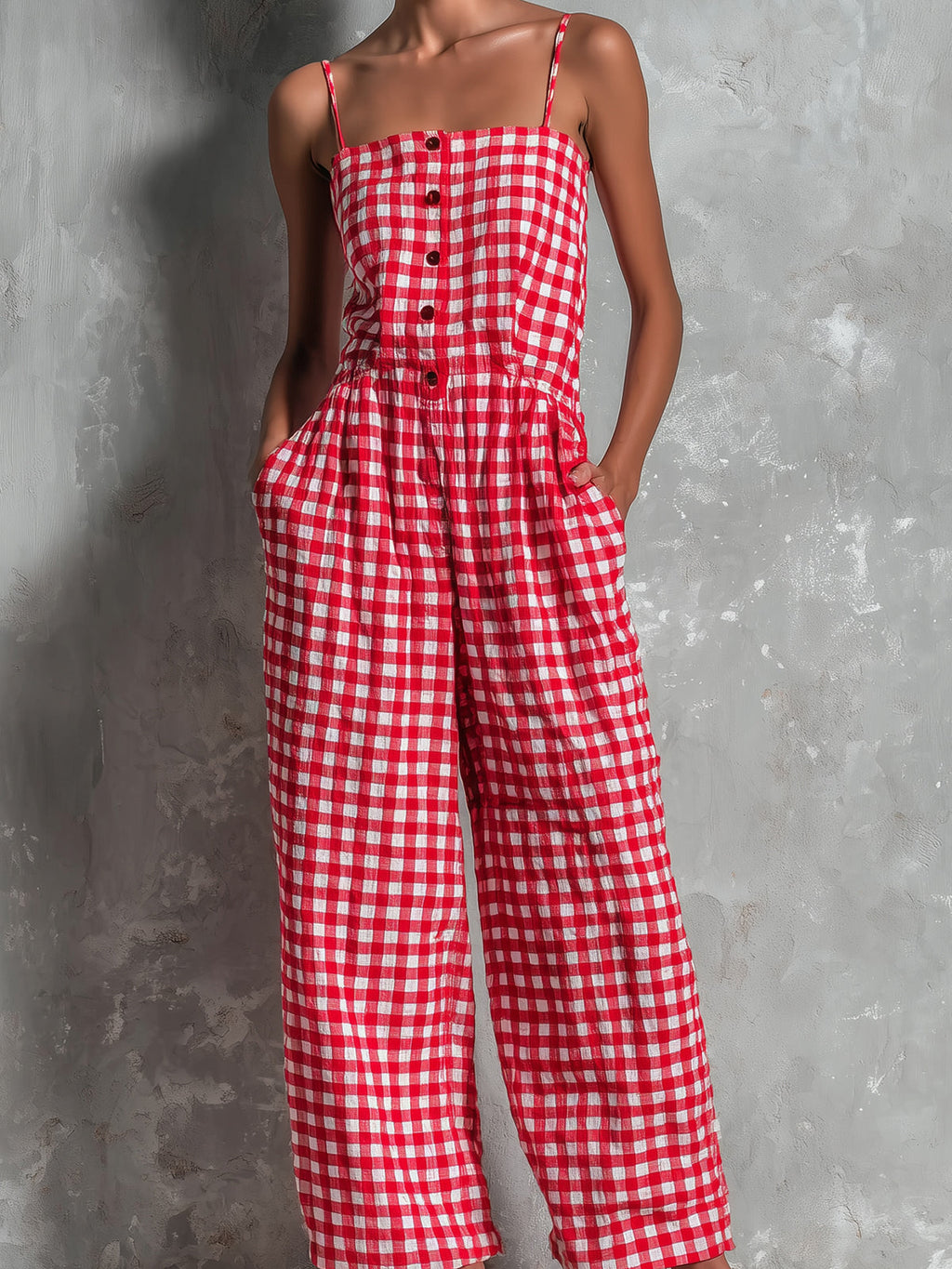 Chic Casual Red-White Plaids Cotton-Linen Blend Spaghetti-Strap Square-Neck Sleeveless Button-Front Loose-Fit Jumpsuit