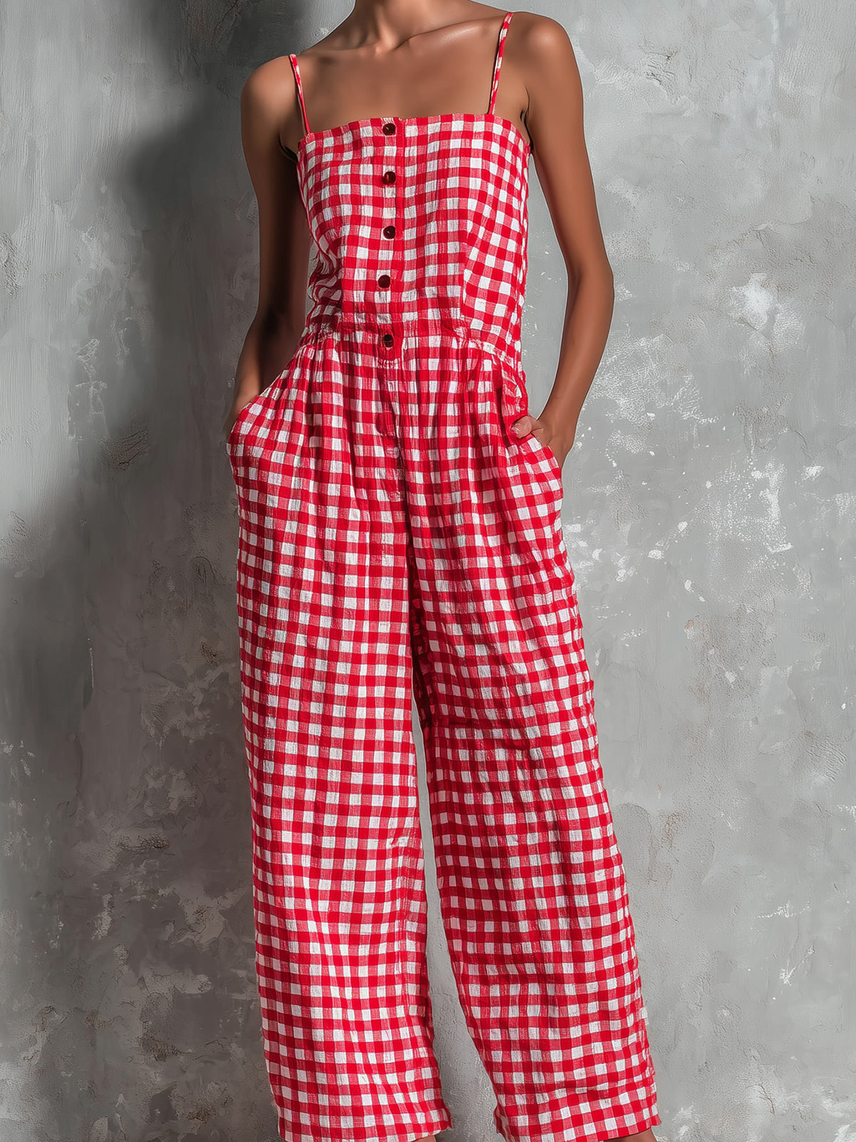 Chic Casual Red-White Plaids Cotton-Linen Blend Spaghetti-Strap Square-Neck Sleeveless Button-Front Loose-Fit Jumpsuit