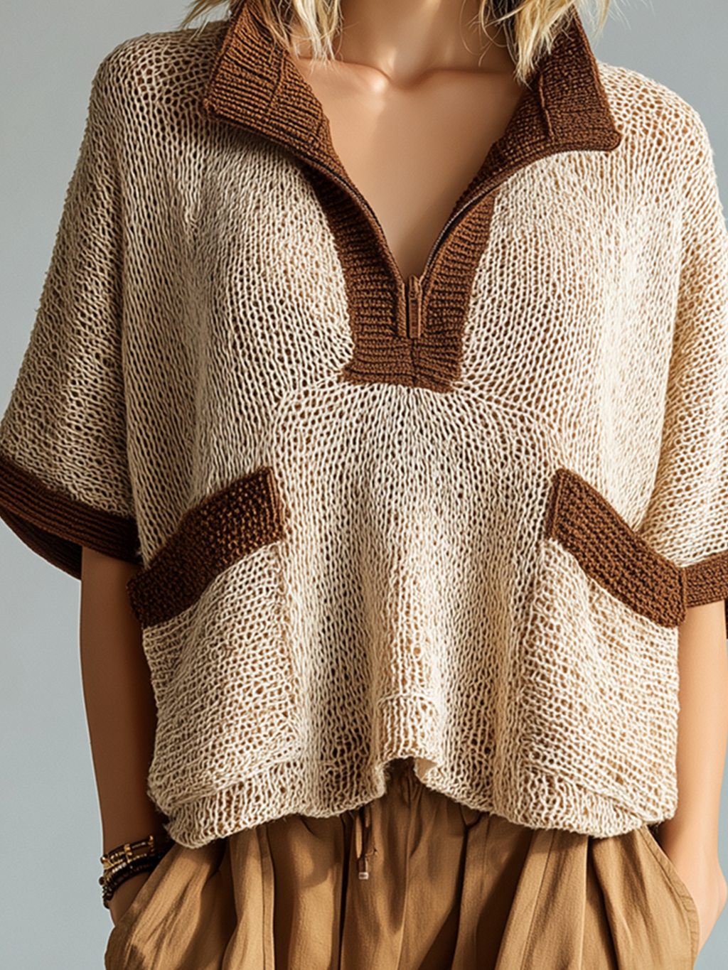 Chic Casual Beige Colorblock Zipper-Up Stand-Collar Short-Sleeve Patch Pocket Loose-Fit Knit Sweater Top