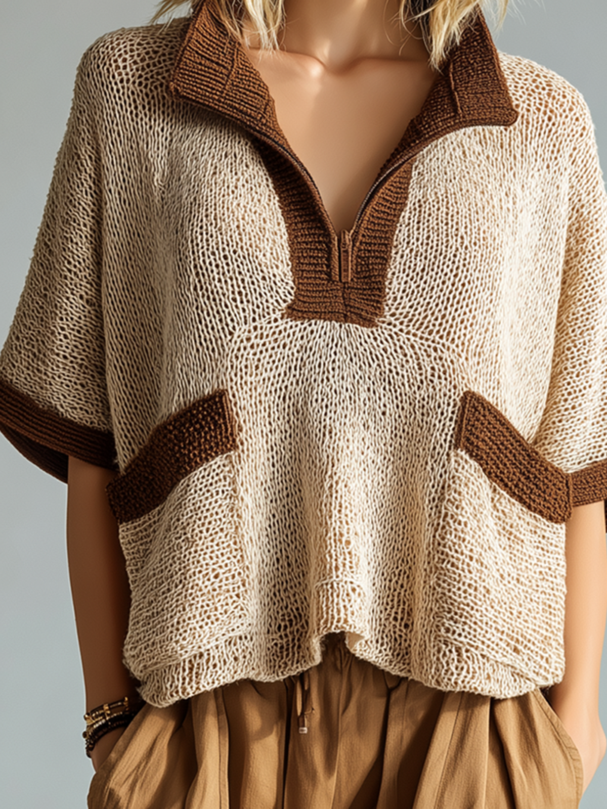 Chic Casual Beige Colorblock Zipper-Up Stand-Collar Short-Sleeve Patch Pocket Loose-Fit Knit Sweater Top
