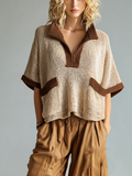 Chic Casual Beige Colorblock Zipper-Up Stand-Collar Short-Sleeve Patch Pocket Loose-Fit Knit Sweater Top