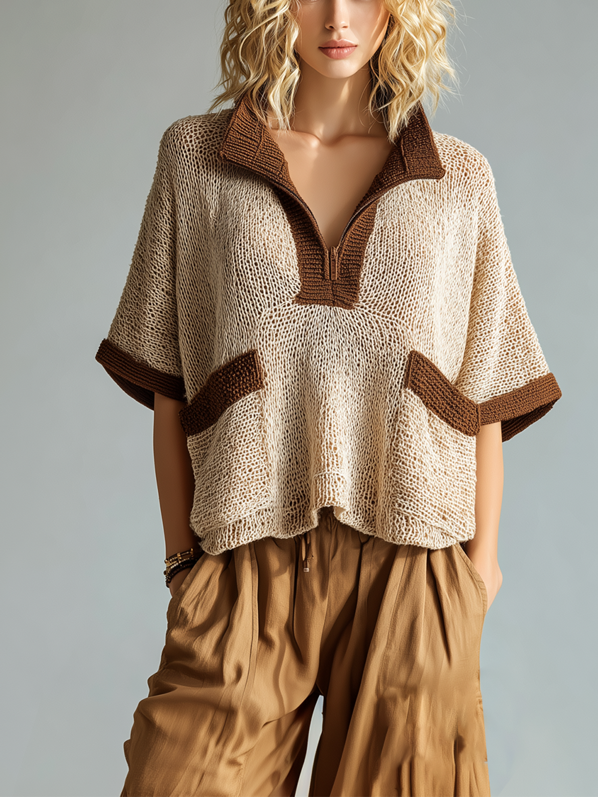 Chic Casual Beige Colorblock Zipper-Up Stand-Collar Short-Sleeve Patch Pocket Loose-Fit Knit Sweater Top