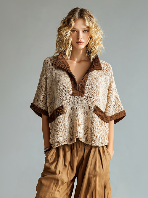 Chic Casual Beige Colorblock Zipper-Up Stand-Collar Short-Sleeve Patch Pocket Loose-Fit Knit Sweater Top