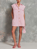 Chic Elegant Pink-White Stripes Cotton-Linen Blend Lapel Collar Sleeveless Single-Breasted Chest Pockets Oversize Mini Dress
