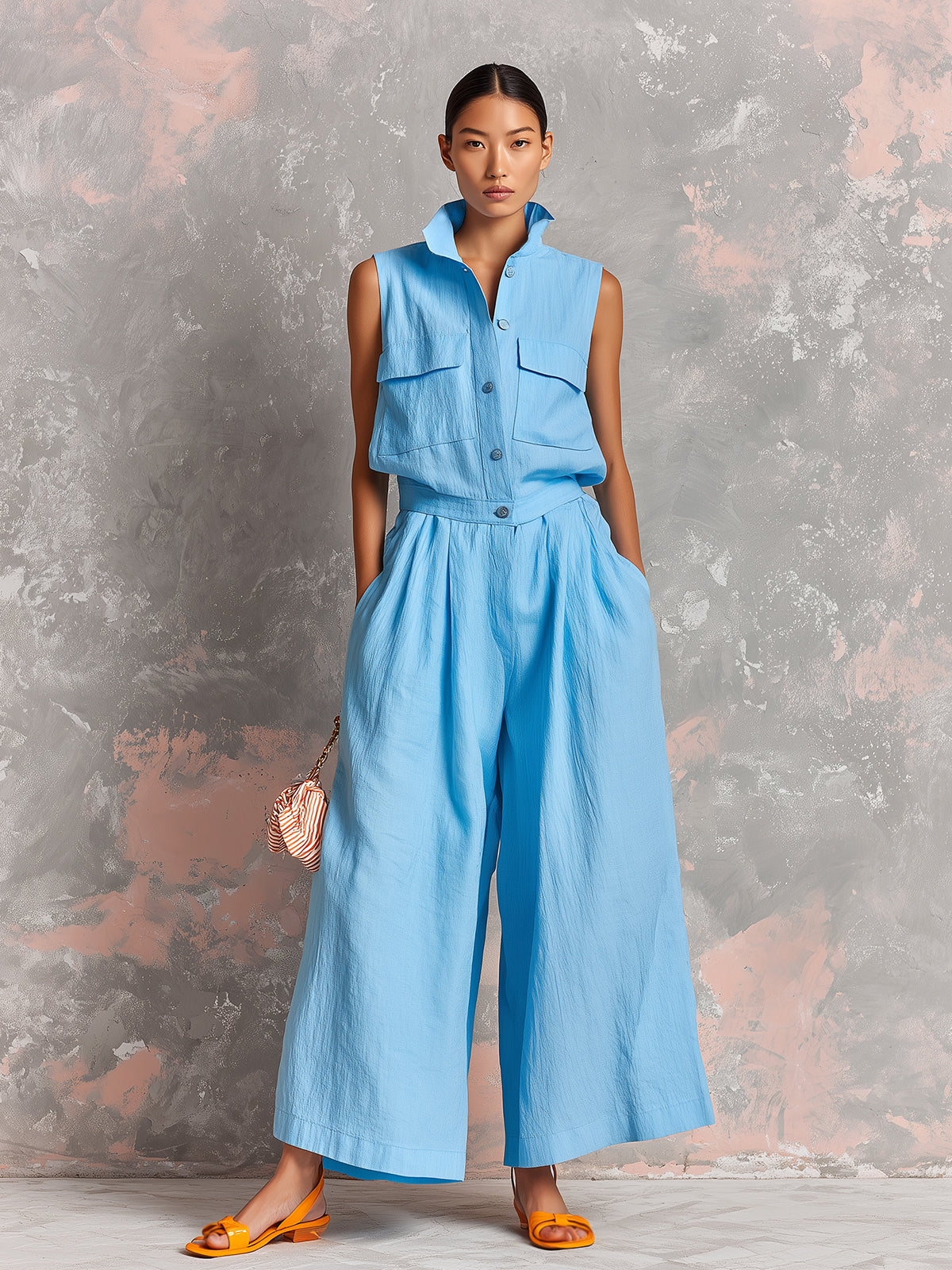 Chic Elegant Blue Cotton-Linen Blend Lapel Collar Button-Front Sleeveless Multi-Pocket Loose-Fit Wide-Leg Jumpsuit