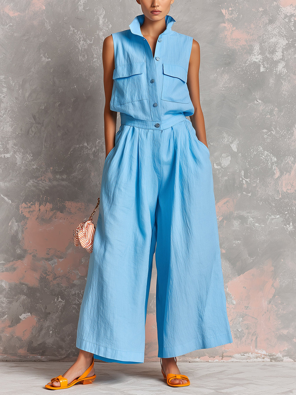 Chic Elegant Blue Cotton-Linen Blend Lapel Collar Button-Front Sleeveless Multi-Pocket Loose-Fit Wide-Leg Jumpsuit