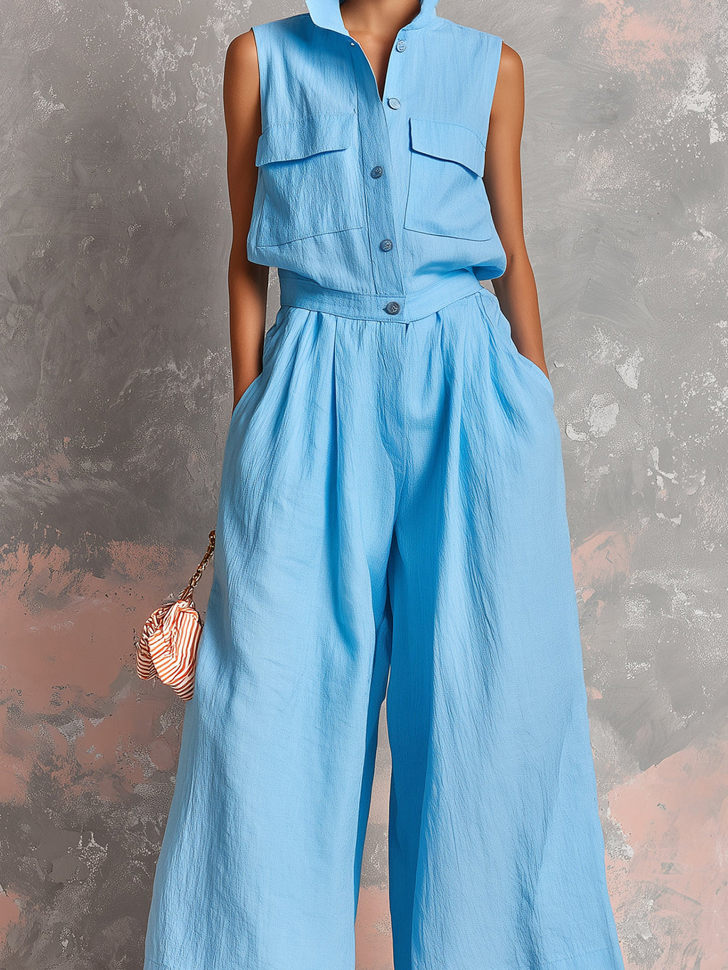 Chic Elegant Blue Cotton-Linen Blend Lapel Collar Button-Front Sleeveless Multi-Pocket Loose-Fit Wide-Leg Jumpsuit