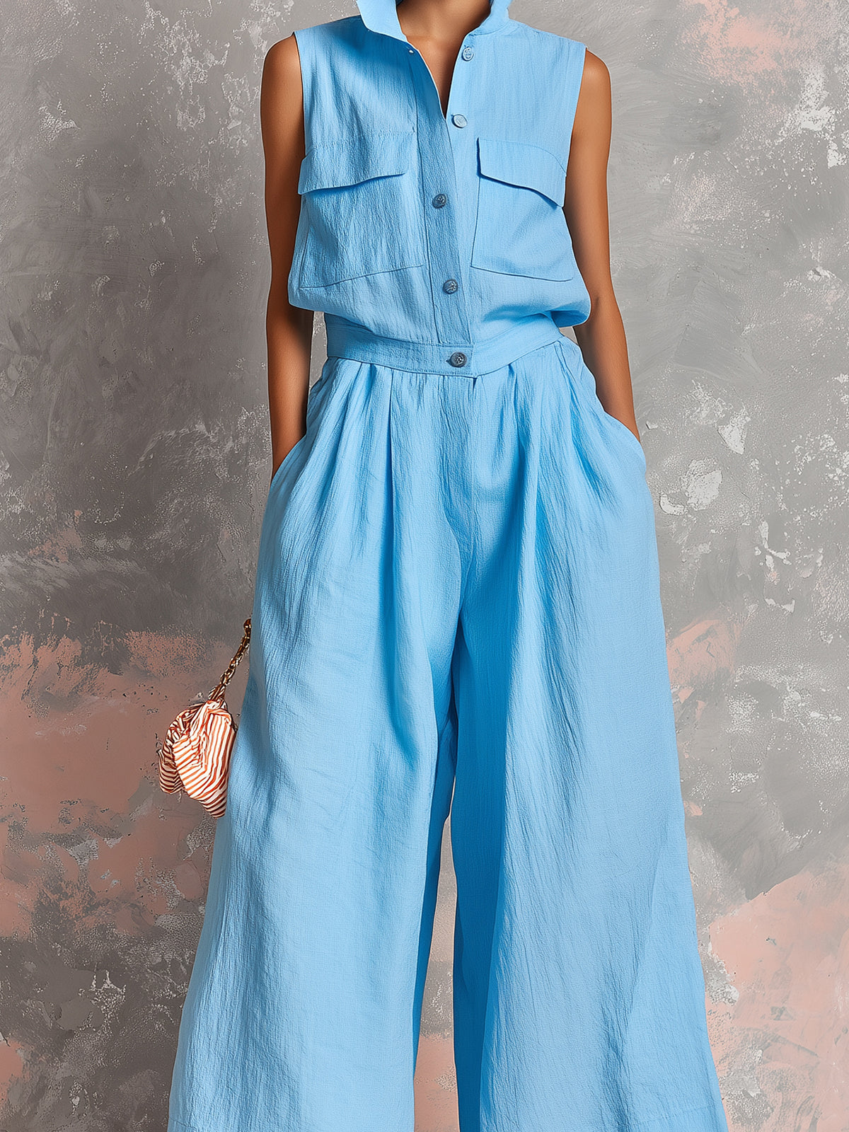 Chic Elegant Blue Cotton-Linen Blend Lapel Collar Button-Front Sleeveless Multi-Pocket Loose-Fit Wide-Leg Jumpsuit