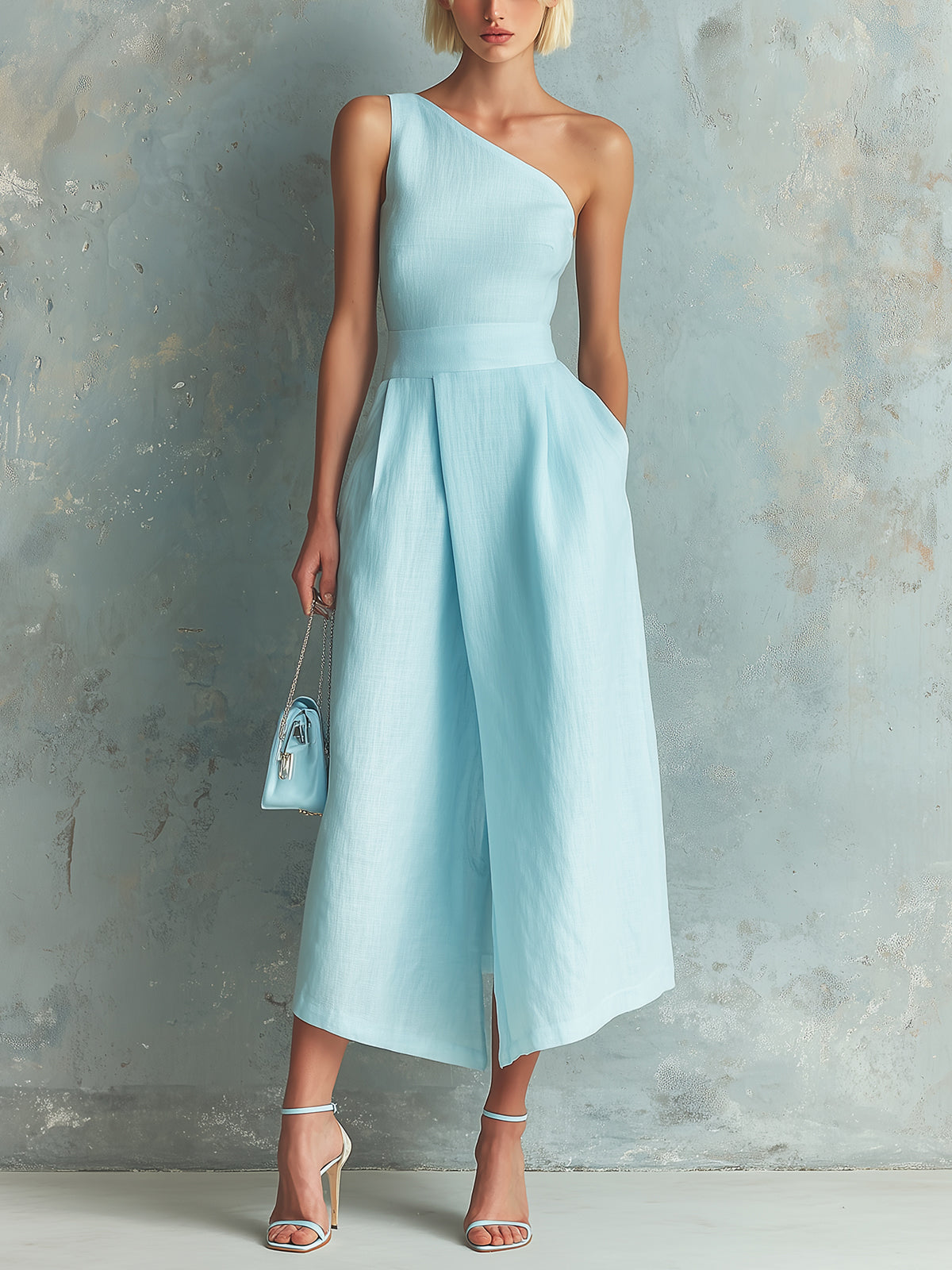 Chic Elegant Blue Cotton-Linen Blend One-Shoulder Sleeveless Tailored-Waist Slit Hem Midi Dress