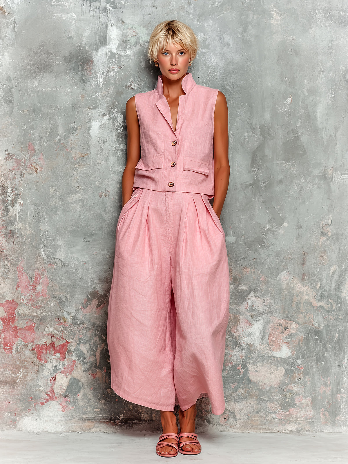 Chic Elegant Pink Cotton-Linen Blend Notched Collar Sleeveless Single-Breasted Pocket Detail Vest Oversize Wide-Leg Pants Two-Piece Set
