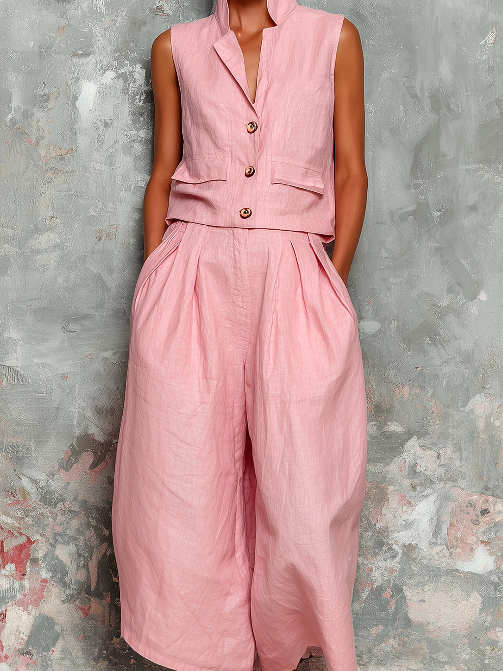 Chic Elegant Pink Cotton-Linen Blend Notched Collar Sleeveless Single-Breasted Pocket Detail Vest Oversize Wide-Leg Pants Two-Piece Set
