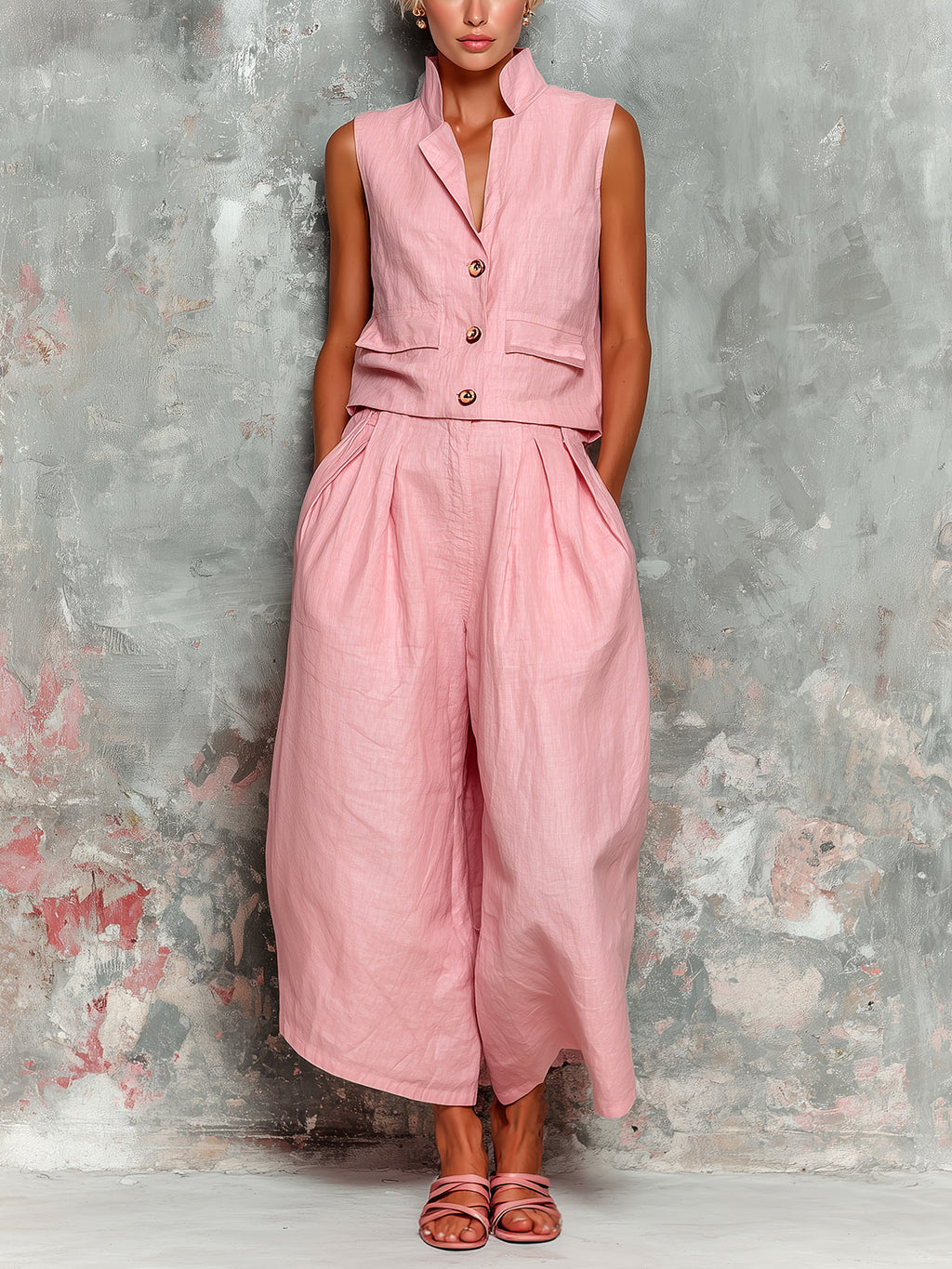 Chic Elegant Pink Cotton-Linen Blend Notched Collar Sleeveless Single-Breasted Pocket Detail Vest Oversize Wide-Leg Pants Two-Piece Set
