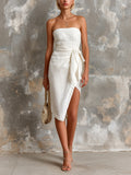 Chic Elegant Cream White Cotton-Linen Blend Strapless Sleeveless Tie-Waist Asymmetrical Hem Slim-Fit Mini Dress