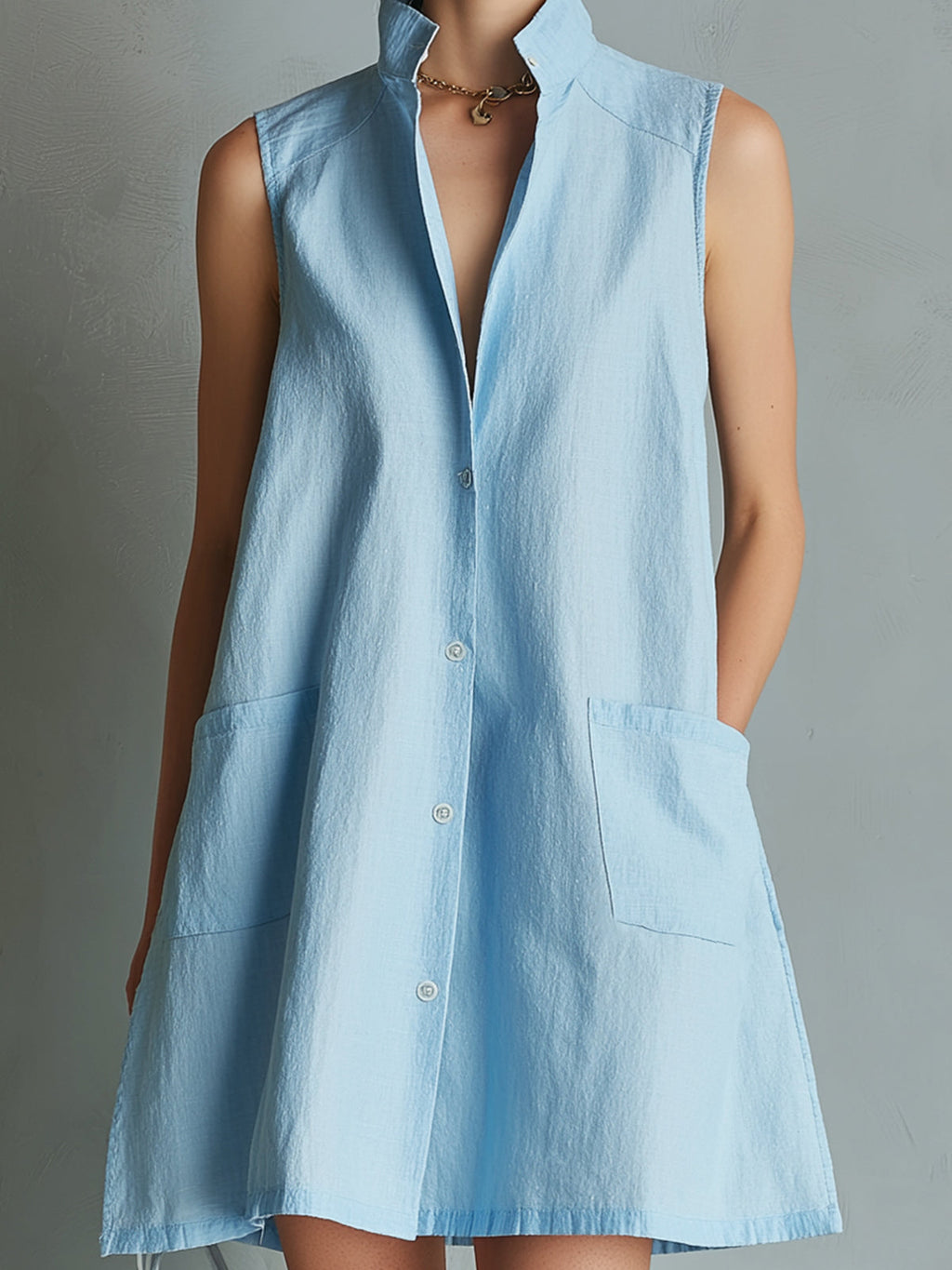 Chic Elegant Blue Cotton-Linen Blend Stand Collar Sleeveless Single-Breasted Patch Pockets A-Line Mini Dress