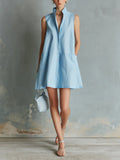 Chic Elegant Blue Cotton-Linen Blend Stand Collar Sleeveless Single-Breasted Patch Pockets A-Line Mini Dress
