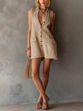 Chic Elegant Camel Lapel Collar Sleeveless Single-Breasted Flap Pockets A-Line Loose-Fit Ribbed Knit Mini Dress