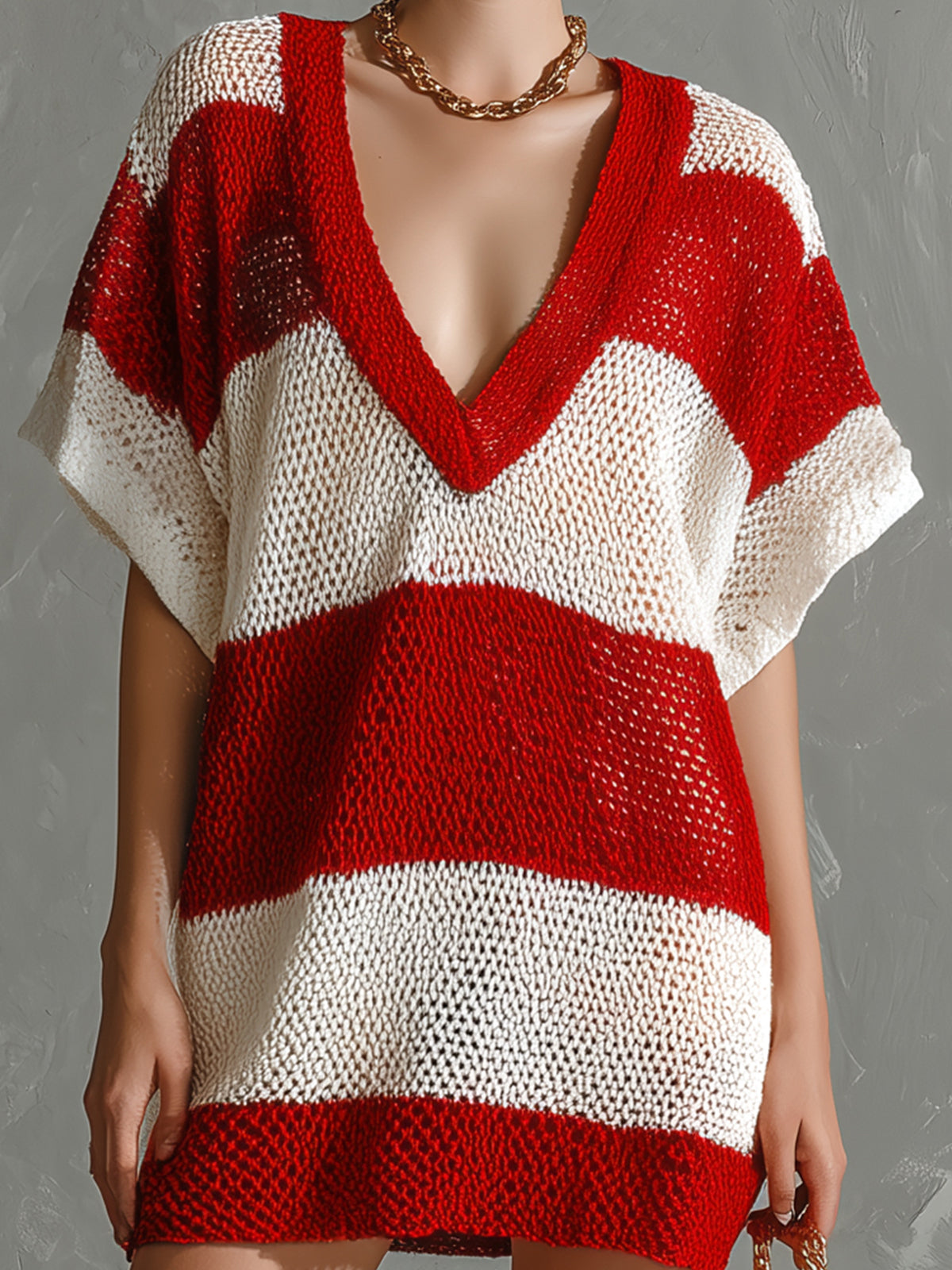 Chic Elegant Red-White Colorblock Deep V-Neck Short-Sleeve Oversize Hollow-Knit Mini Dress