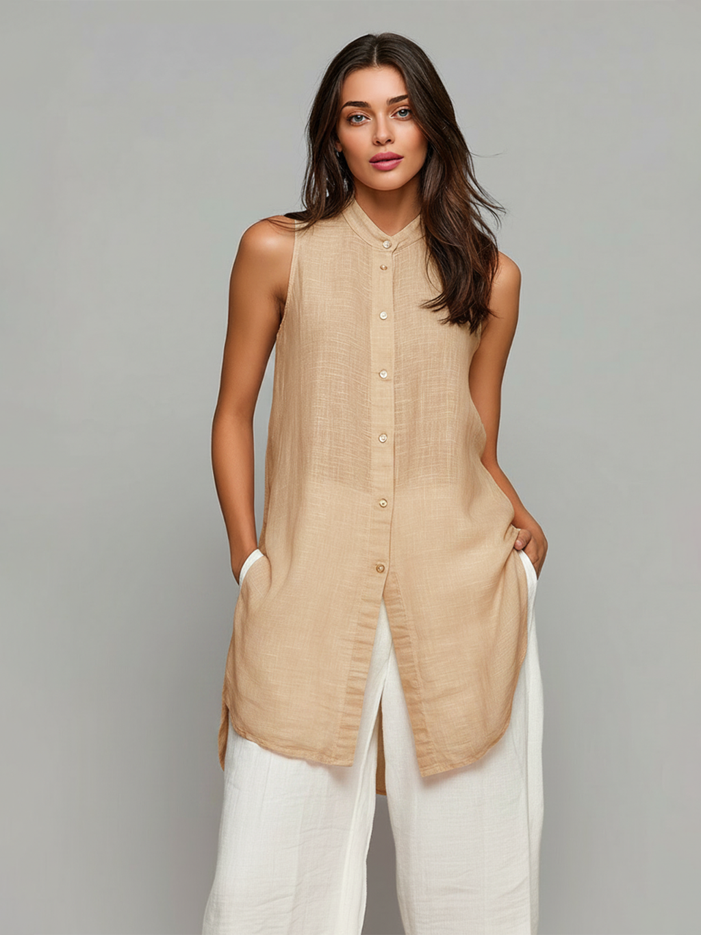Chic Casual Stand-Collar Single-Breasted Sleeveless  Loose-Fit Side Slit Cotton-Linen Blend Shirt Top