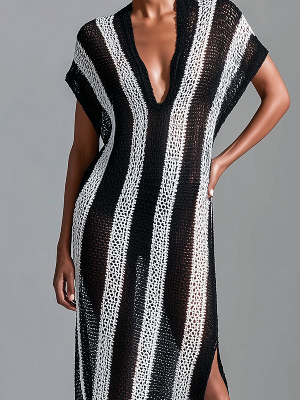 Chic Casual White -Black Stripes V-Neck Cap Sleeve Loose-Fit Side Slit Mesh Holiday Knit Maxi Dress