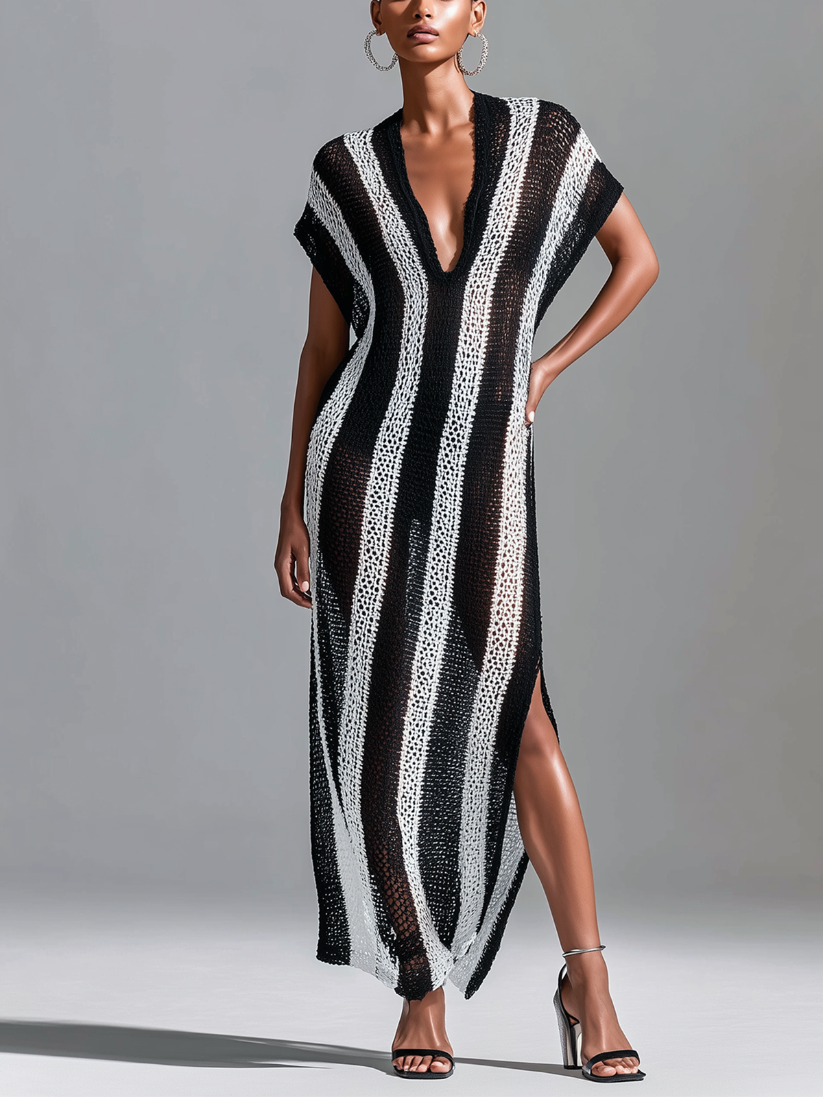 Chic Casual White -Black Stripes V-Neck Cap Sleeve Loose-Fit Side Slit Mesh Holiday Knit Maxi Dress
