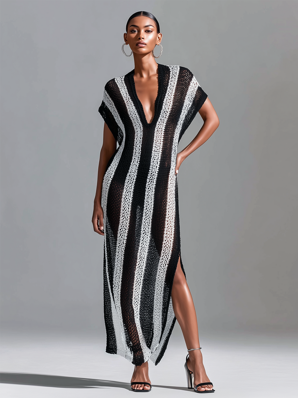 Chic Casual White -Black Stripes V-Neck Cap Sleeve Loose-Fit Side Slit Mesh Holiday Knit Maxi Dress