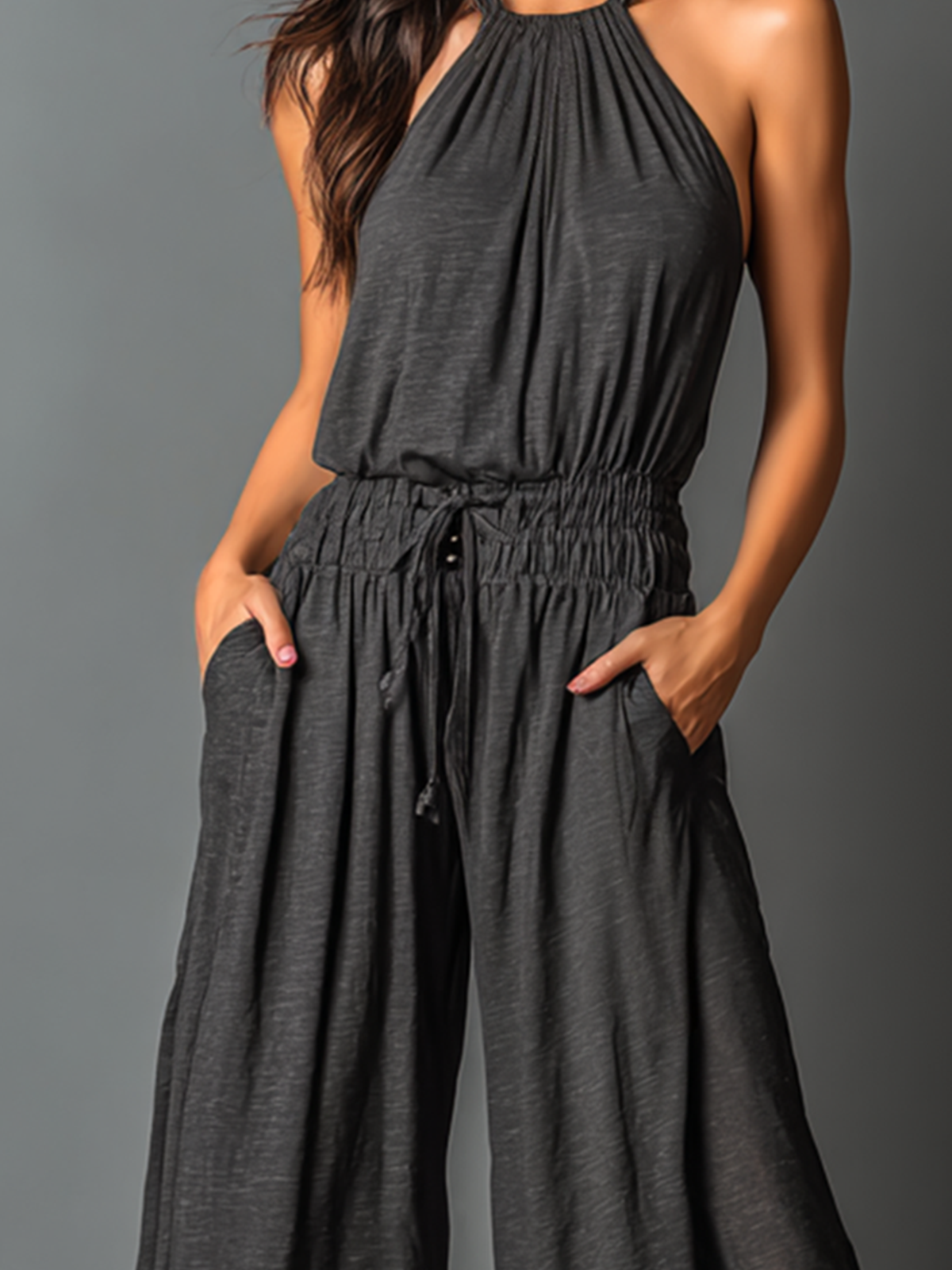 Chic Elegant Charcoal Black Halter Neck Sleeveless Smocked Tailored-Waist Wide-Leg Stretchy Cotton Jumpsuit