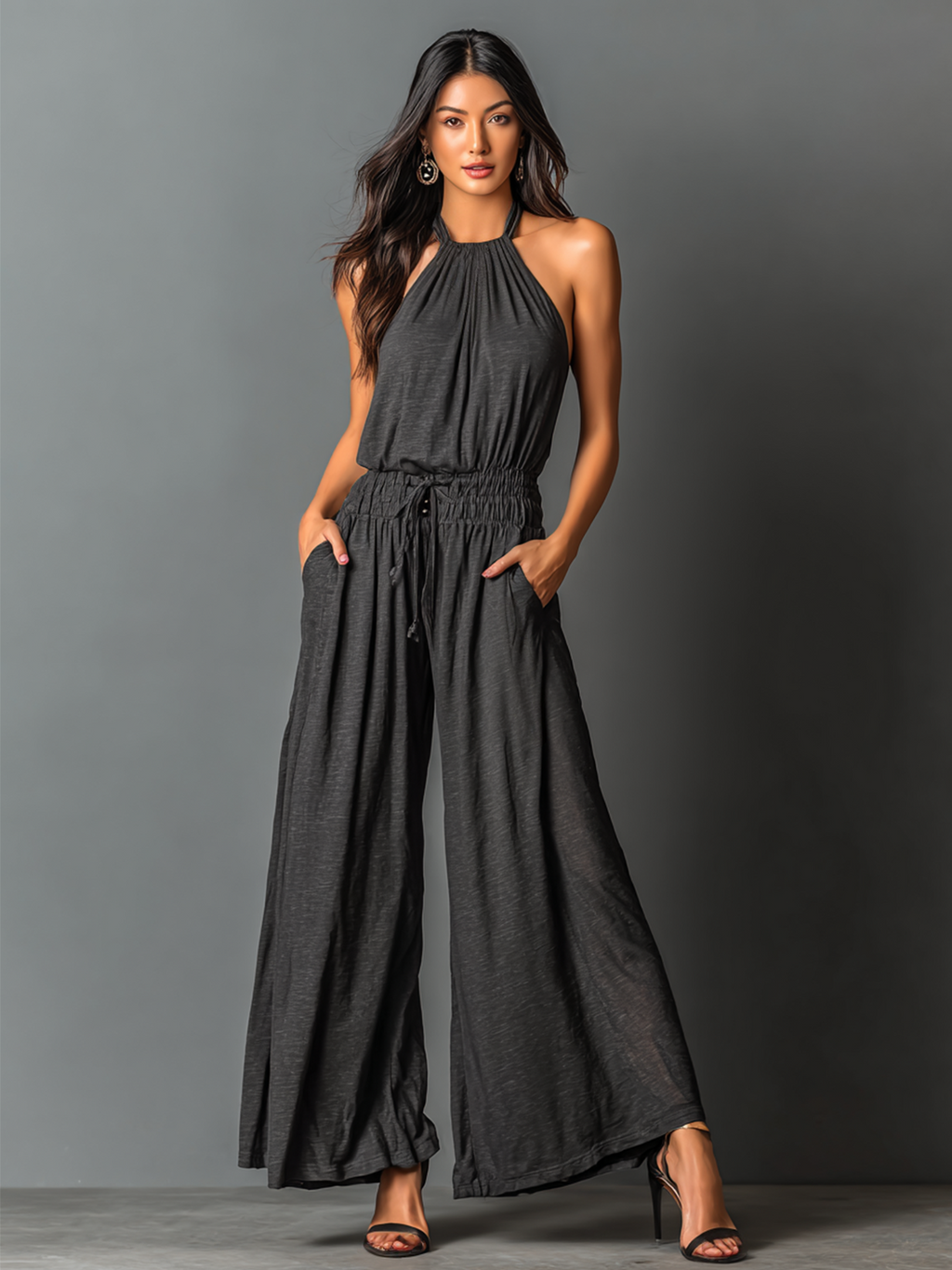 Chic Elegant Charcoal Black Halter Neck Sleeveless Smocked Tailored-Waist Wide-Leg Stretchy Cotton Jumpsuit