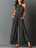Chic Elegant Charcoal Black Halter Neck Sleeveless Smocked Tailored-Waist Wide-Leg Stretchy Cotton Jumpsuit