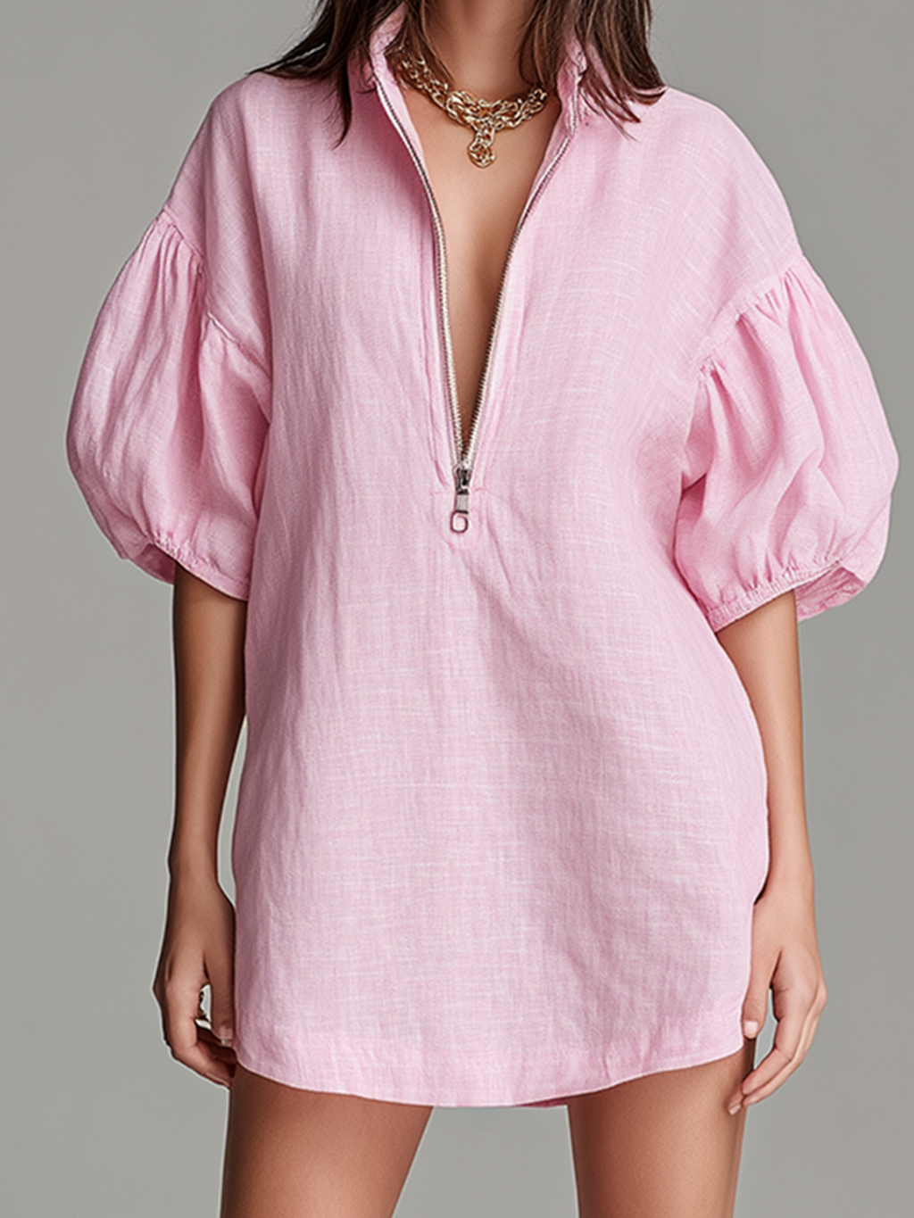 Chic Casual Pink Stand-Collar Zipper-Front Balloon-Sleeve Loose-Fit Cotton-Linen Blend Mini Dress