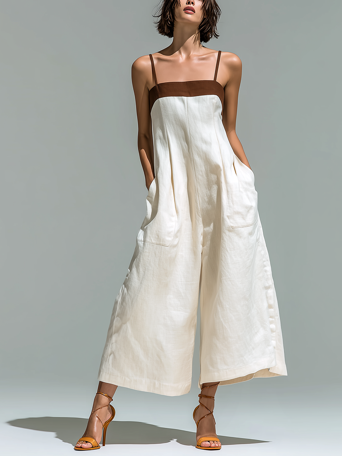 Chic Casual White-Brown Colorblock Spaghetti Straps  Sleeveless Cropped Wide Leg Cotton-Linen Blend Jumpsuit