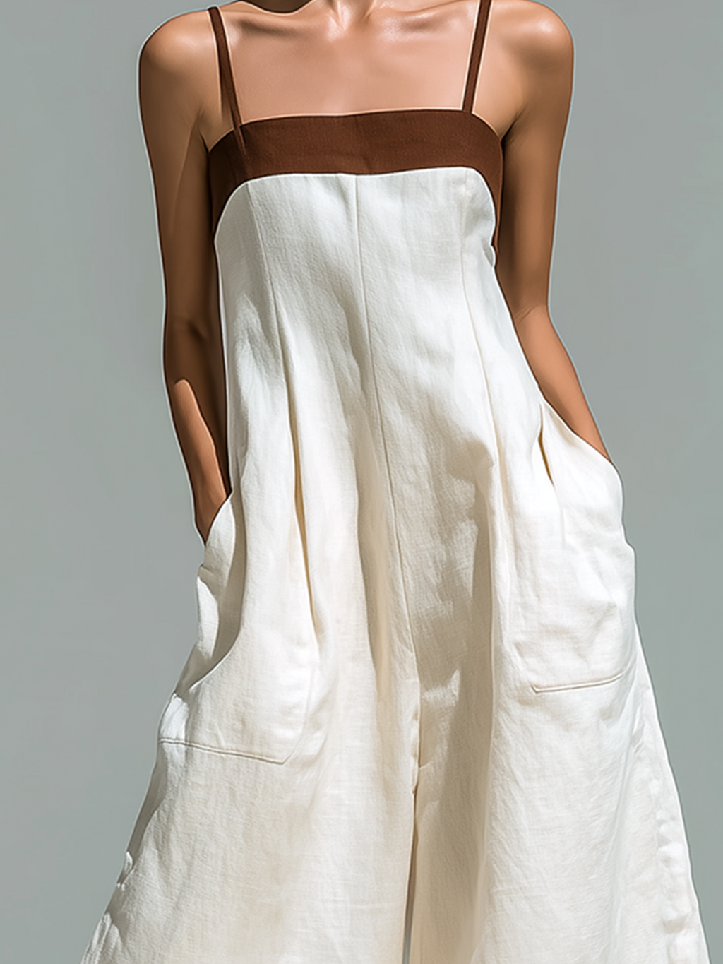 Chic Casual White-Brown Colorblock Spaghetti Straps  Sleeveless Cropped Wide Leg Cotton-Linen Blend Jumpsuit