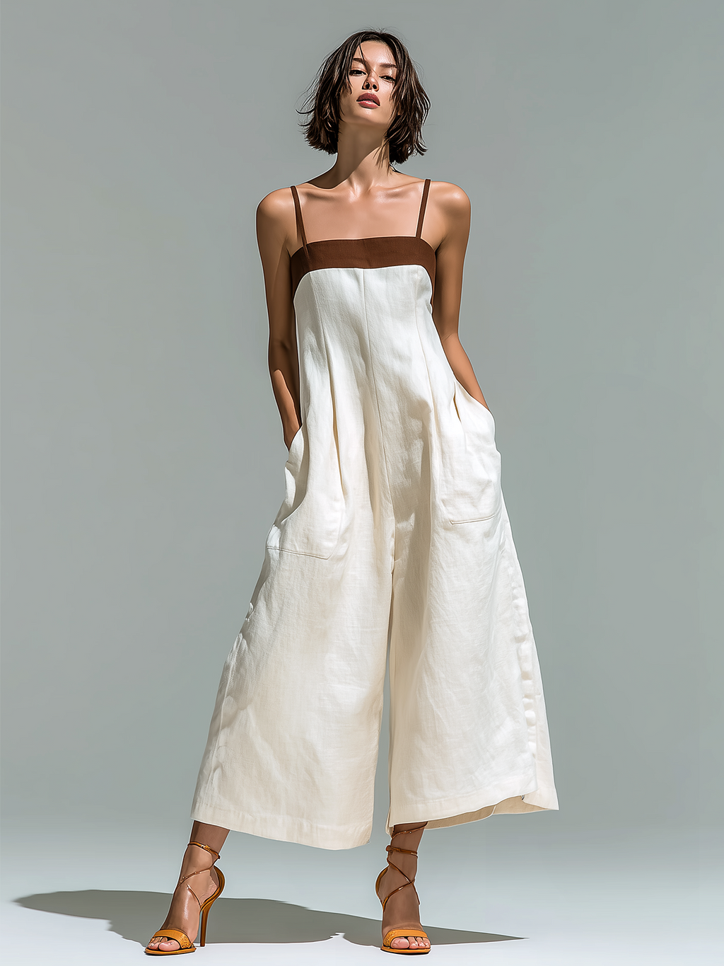 Chic Casual White-Brown Colorblock Spaghetti Straps  Sleeveless Cropped Wide Leg Cotton-Linen Blend Jumpsuit
