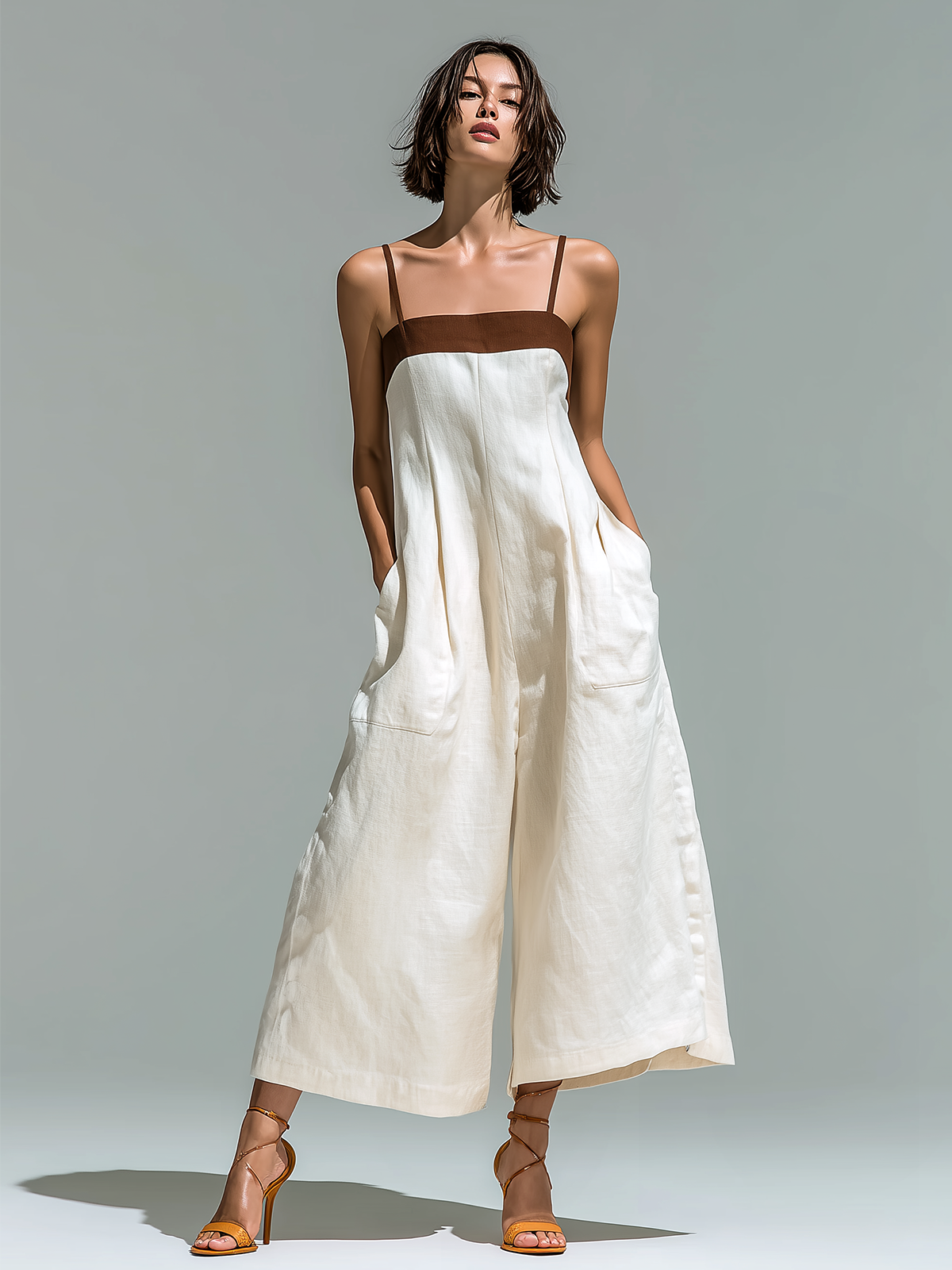 Chic Casual White-Brown Colorblock Spaghetti Straps  Sleeveless Cropped Wide Leg Cotton-Linen Blend Jumpsuit