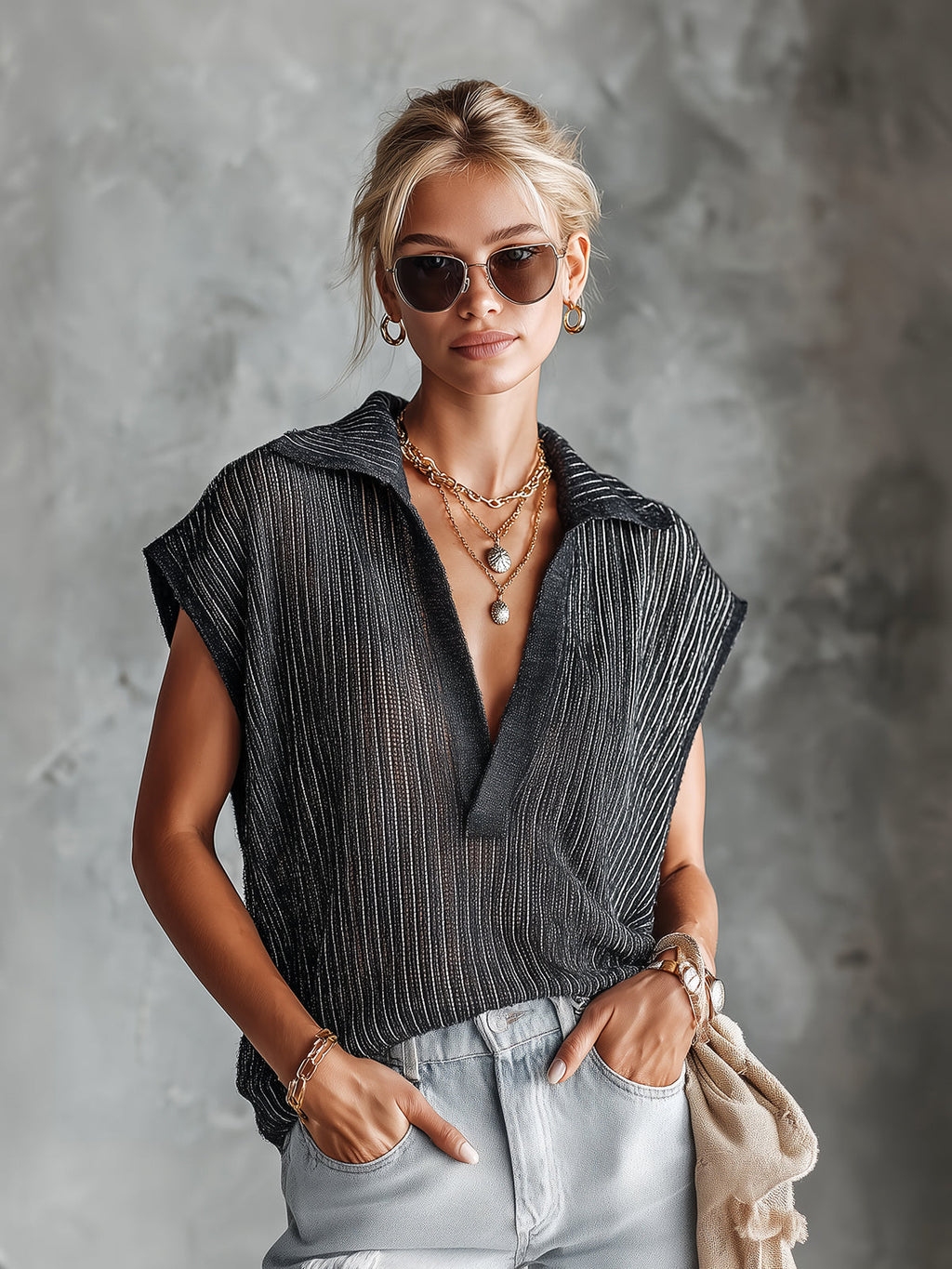 Chic Casual Black Stripes Lapel V-Neck Sleeveless Oversize Knit Vest Top