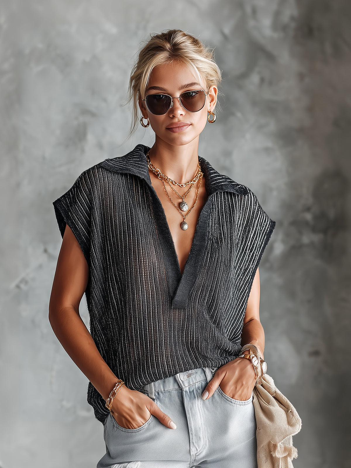 Chic Casual Black Stripes Lapel V-Neck Sleeveless Oversize Knit Vest Top