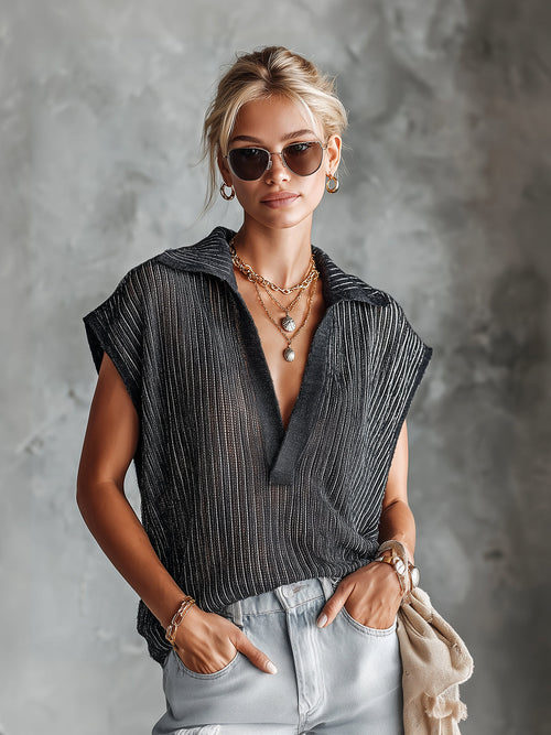 Chic Casual Black Stripes Lapel V-Neck Sleeveless Oversize Knit Vest Top