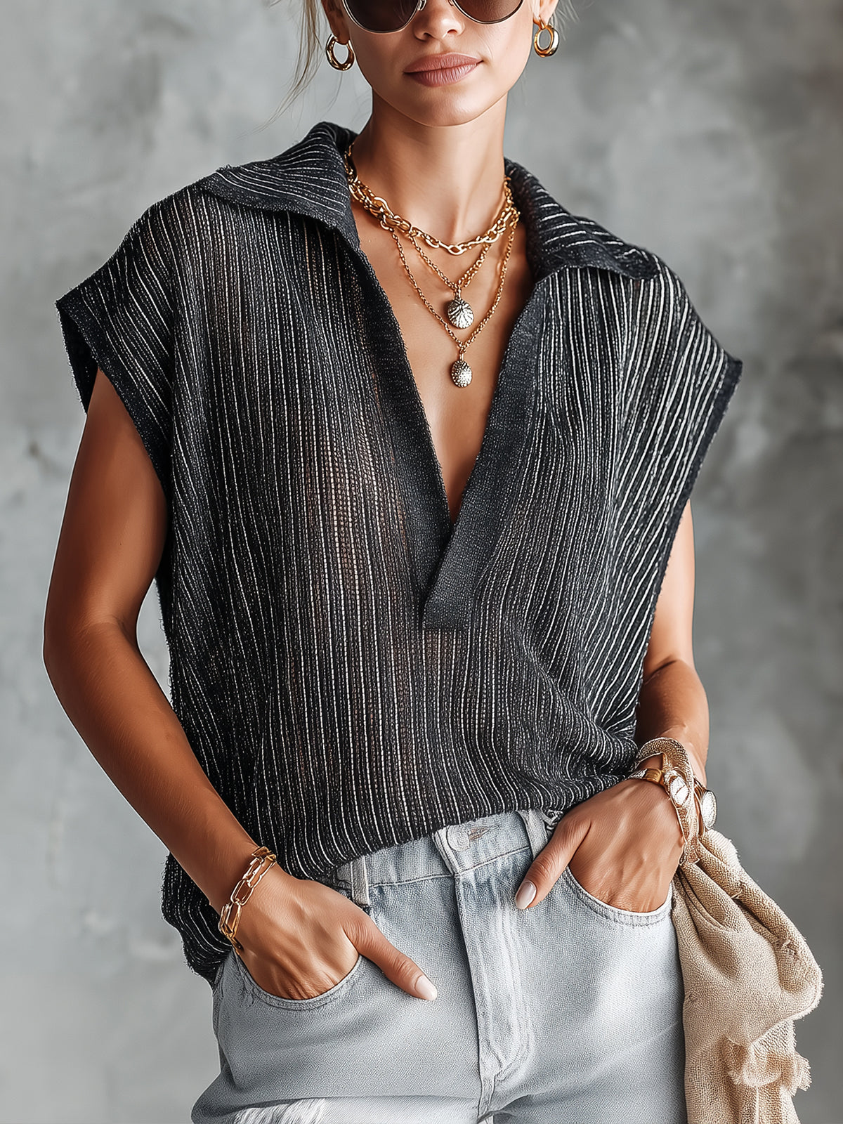 Chic Casual Black Stripes Lapel V-Neck Sleeveless Oversize Knit Vest Top