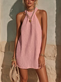 Chic Casual Pink Halter-Neck Sleeveless Loose-Fit Knit Mini Dress