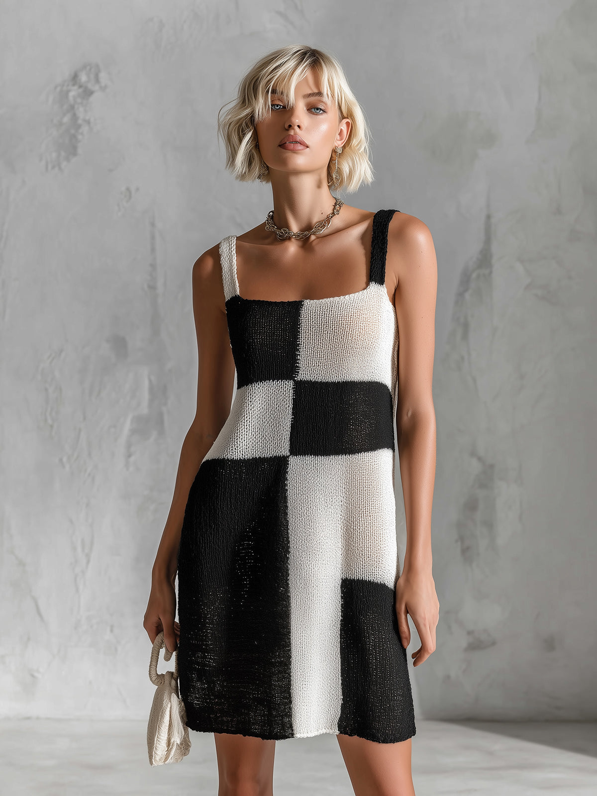 Chic Casual Black-White Colorblock Thin Straps Square-Neck Sleeveless Loose-Fit A-Line Knit Mini Dress