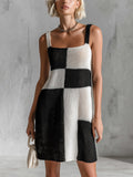 Chic Casual Black-White Colorblock Thin Straps Square-Neck Sleeveless Loose-Fit A-Line Knit Mini Dress