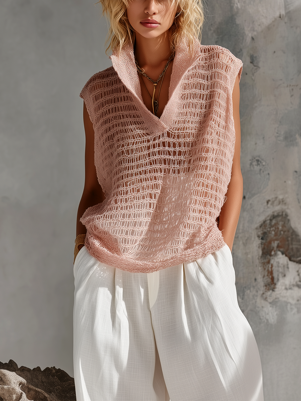 Chic Casual Pink Stand-Collar V-Neck Sleeveless Loose-Fit Hollow-Out Knit Vest Top