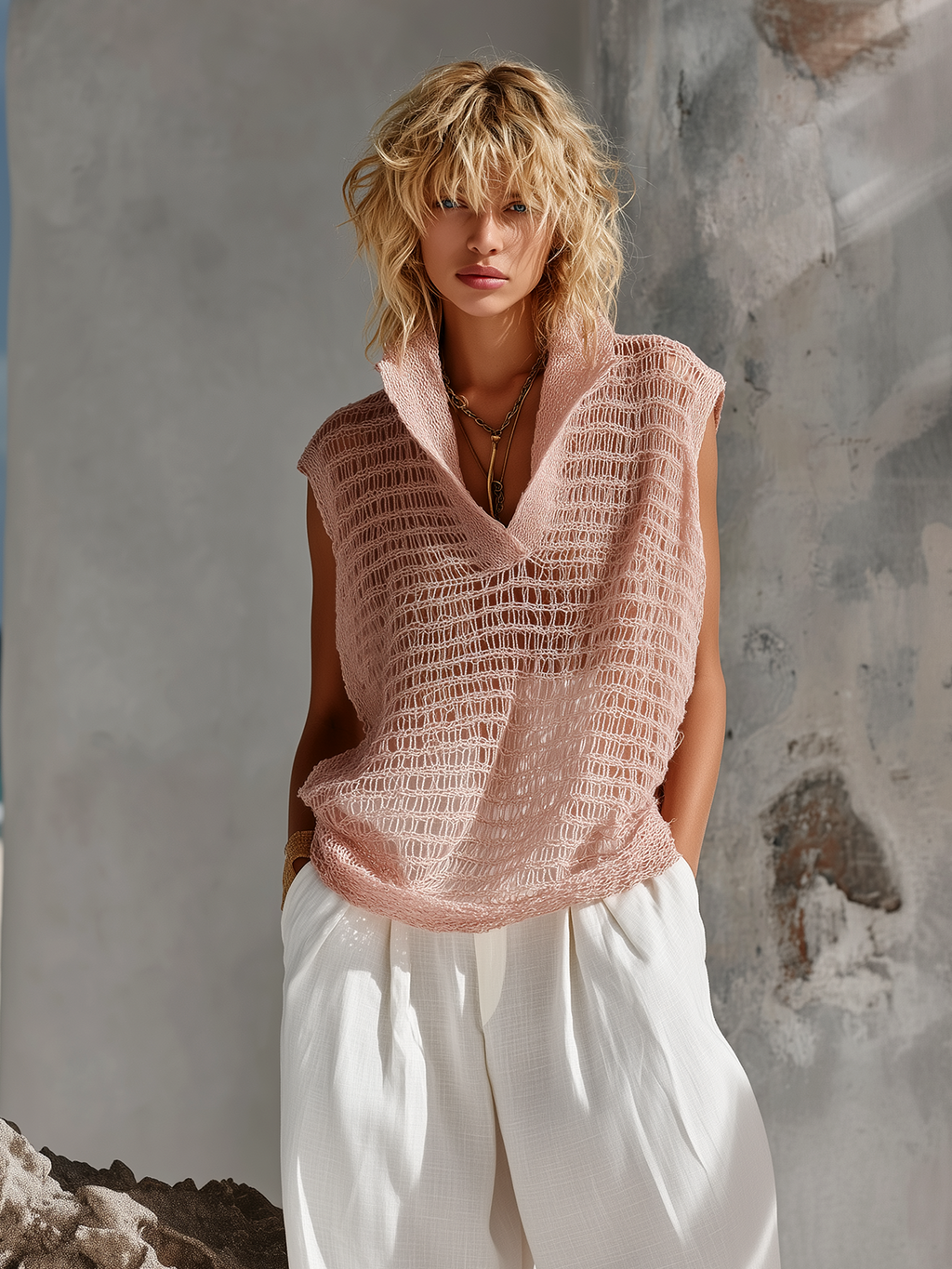 Chic Casual Pink Stand-Collar V-Neck Sleeveless Loose-Fit Hollow-Out Knit Vest Top