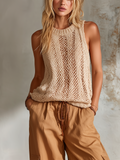 Chic Casual Beige Round-Neck Sleeveless Hollow-Out Detail Loose-Fit Hollow-Out Knit Vest Top