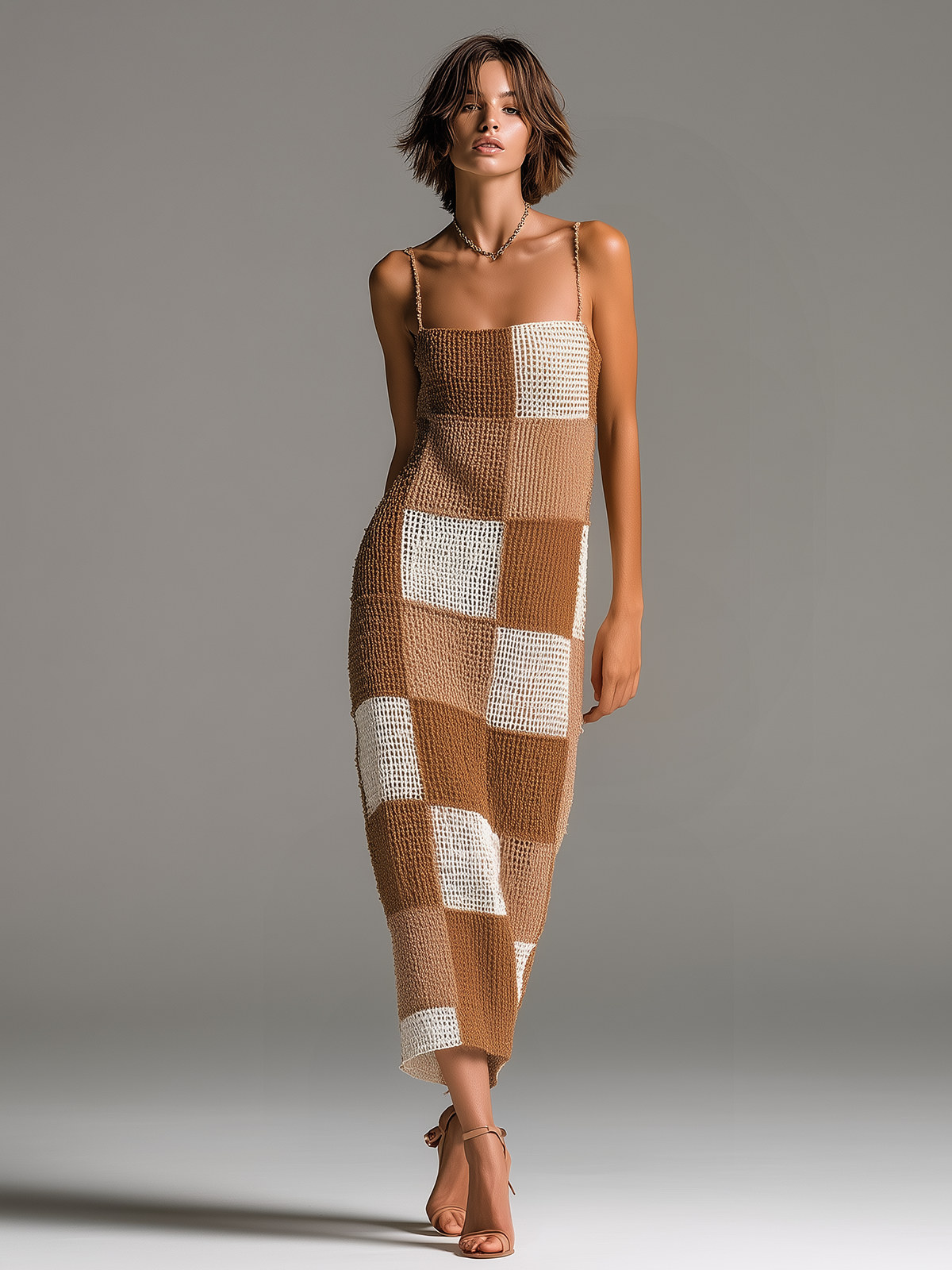 Chic Elegant White-Camel Checkerboard Jacquard Spaghetti-Strap Sleeveless Slim-Fit Knit Maxi Dress