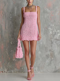Chic Elegant Pink Spaghetti-Strap Square-Neck Sleeveless Slim-Fit Knit Bodycon Mini Dress