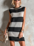 Chic Casual Black-White Stripes Round-Neck Sleeveless Loose-Fit Knit Mini Dress