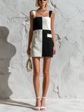 Chic Casual Black-White Colorblock Thin Straps Square-Neck Sleeveless Pocket Detail A-Line Knit Mini Dress