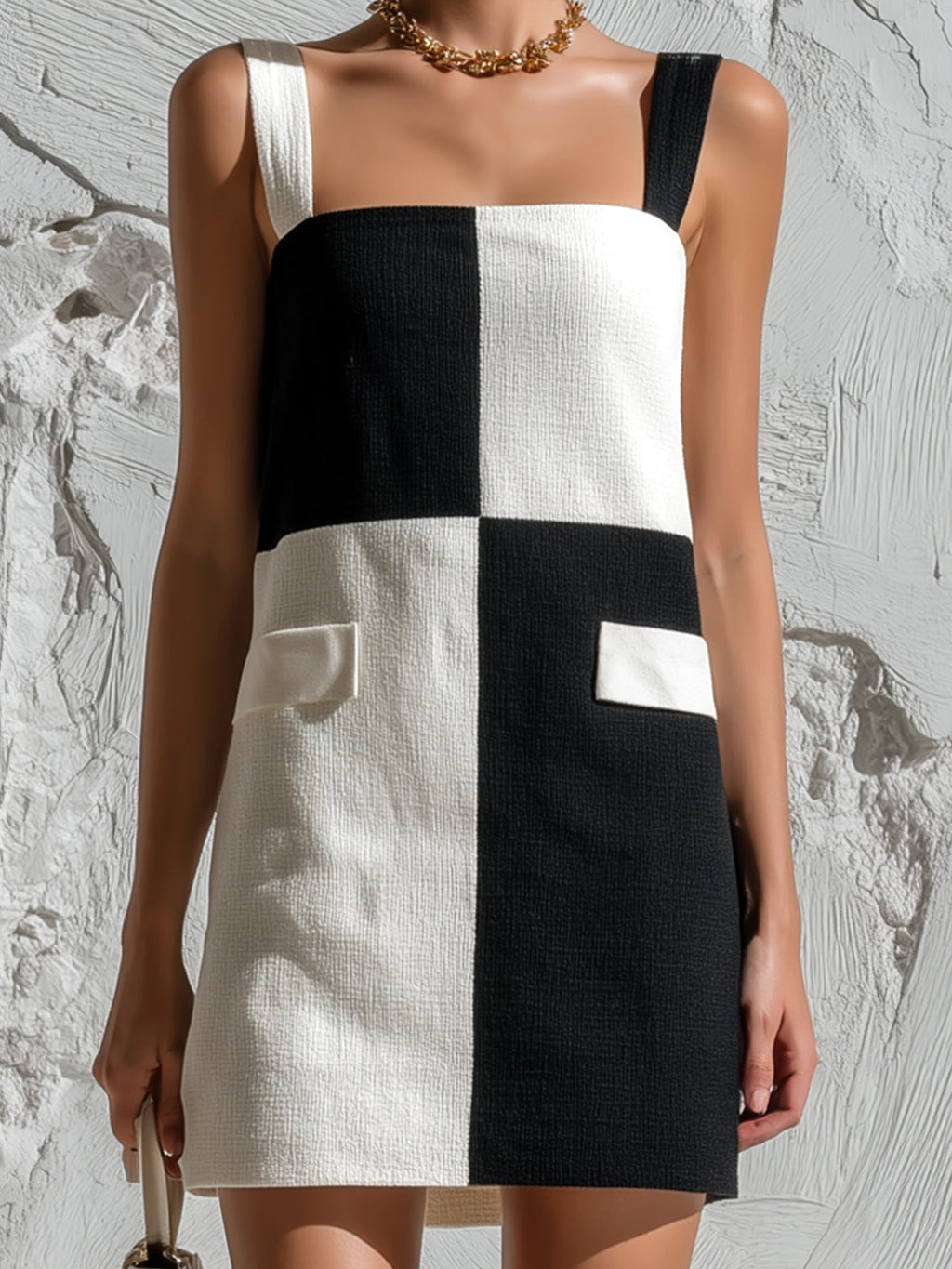 Chic Casual Black-White Colorblock Thin Straps Square-Neck Sleeveless Pocket Detail A-Line Knit Mini Dress