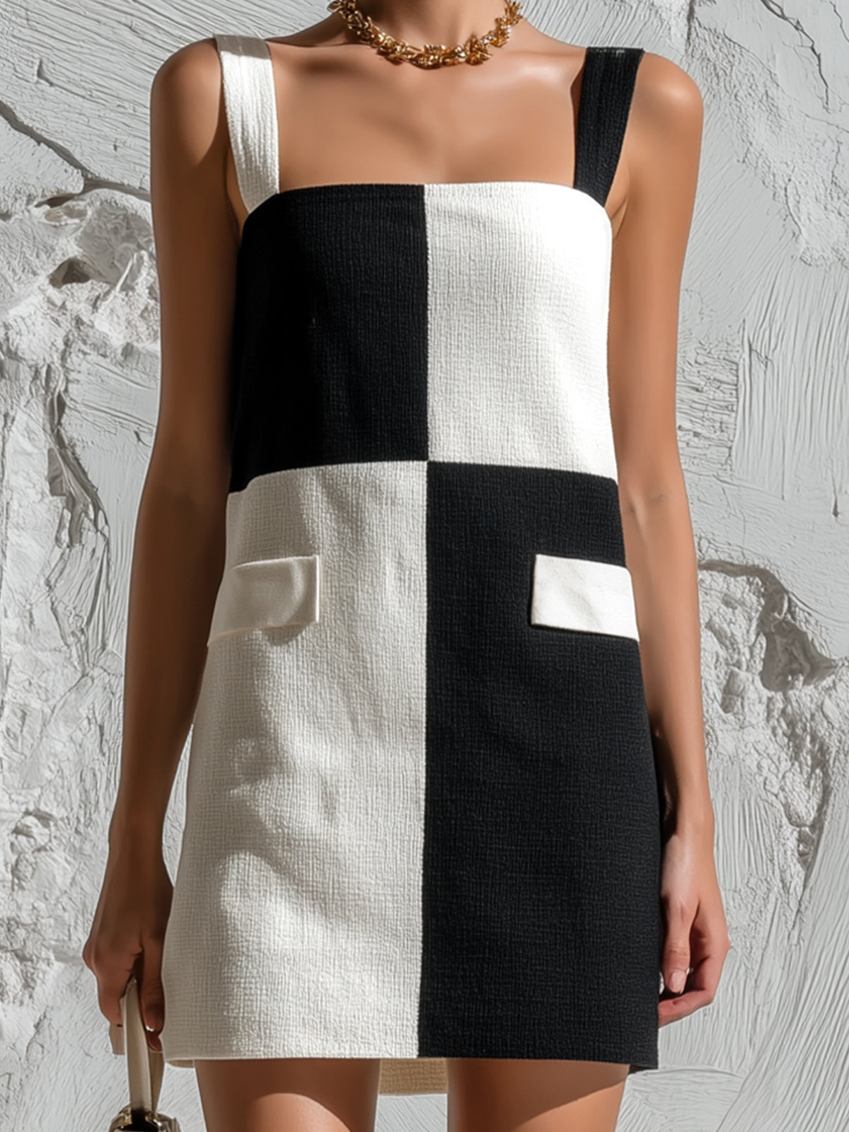 Chic Casual Black-White Colorblock Thin Straps Square-Neck Sleeveless Pocket Detail A-Line Knit Mini Dress